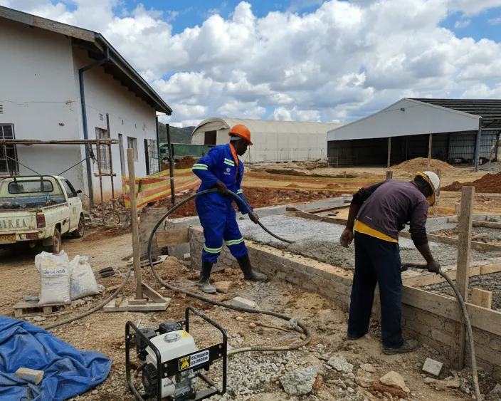 Construction workers in yellow hard hats and safety vests working on steel framework of modern building structure against blue sky