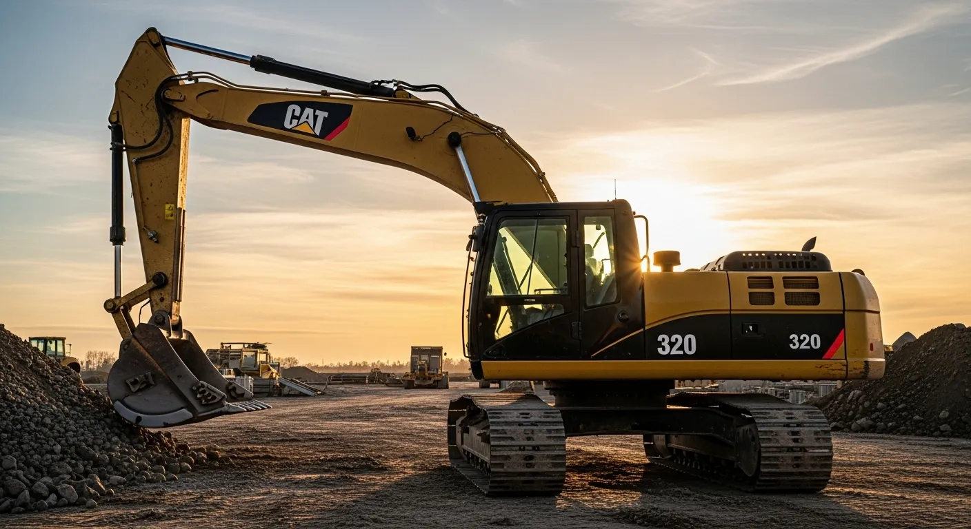 Yellow CAT excavator with extended arm and bucket on construction site with dirt and gravel
