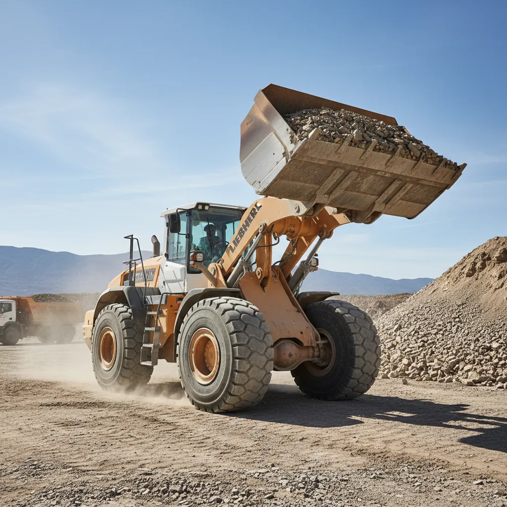 Yellow wheel loader with large front bucket on construction site ready for material handling
